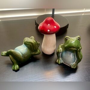 Green Frog Figurines and Red Mushroom Decor